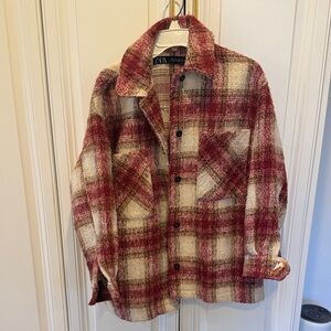 Zara Burgundy and Beige Checkered Jacket